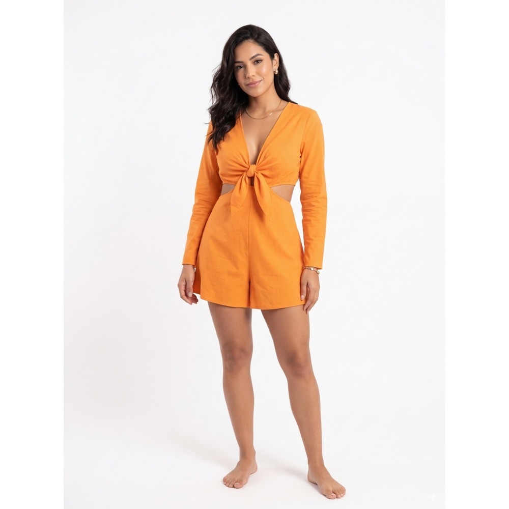 Bershka Tie Up Cut Out detail Playsuit Orange Long Sleeve Womens Medium